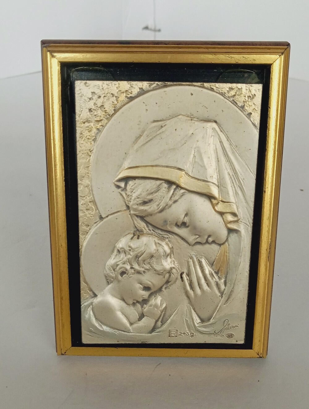 Sterling Silver Carved Madonna and Child in Frame Signed Salerni of Italy.